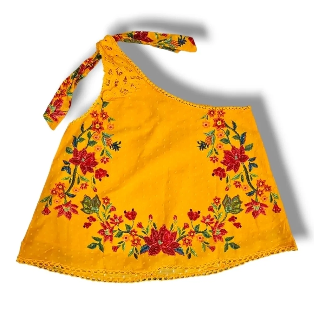 Farm Rio Yellow Flower Dream Embroidered One-Shoulder Blouse - Size Small - Picture 5 of 8